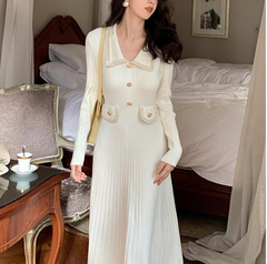 Fashionable Knitted Dress with Polo Collar