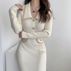 Fashionable Knitted Dress with Polo Collar