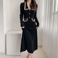 Fashionable Knitted Dress with Polo Collar
