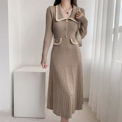 Fashionable Knitted Dress with Polo Collar
