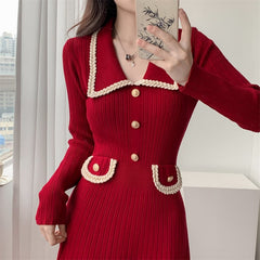 Fashionable Knitted Dress with Polo Collar