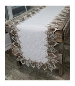 Lace Runner Neutral Earth Tones on White Jacquard Table Runner Dresser Scarf Coffee Table Runner (16Wx54L)