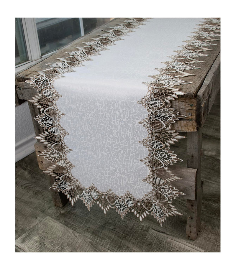 Lace Runner Neutral Earth Tones on White Jacquard Table Runner Dresser Scarf Coffee Table Runner (16Wx54L)
